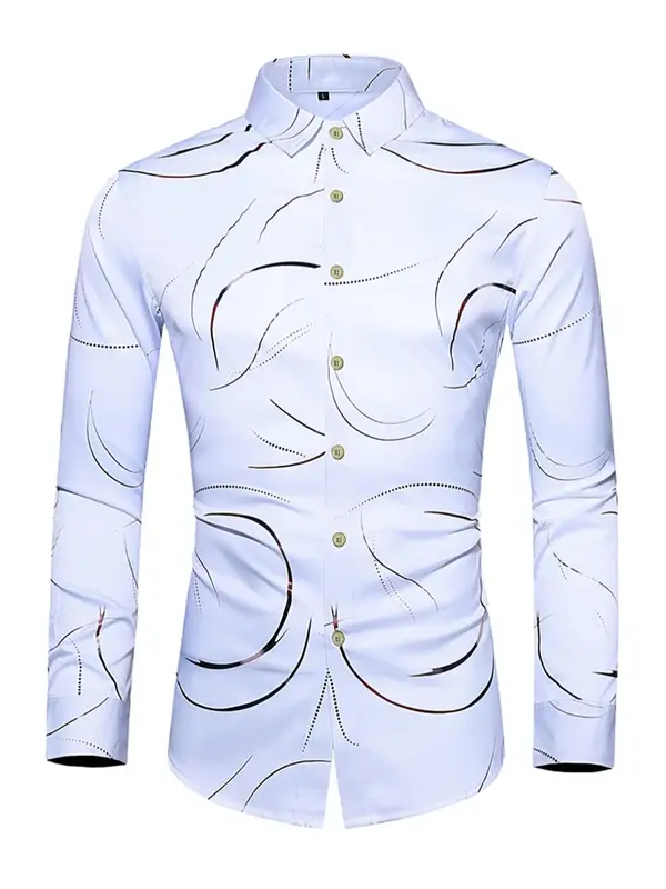 Men's All Seasons Slim Abstract Print Button Front Shirt, Fashion Casual Long Sleeve Woven Top For Men, Men's Clothing For F...