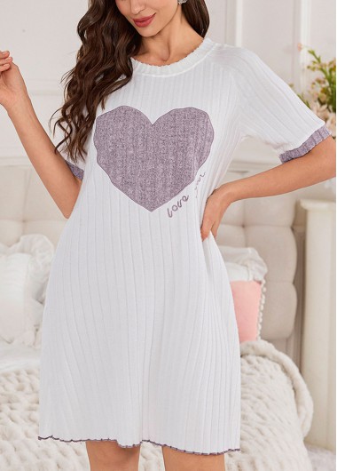 Modlily Dusty Purple Heart Print Short Sleeve Round Neck Nightdress - S