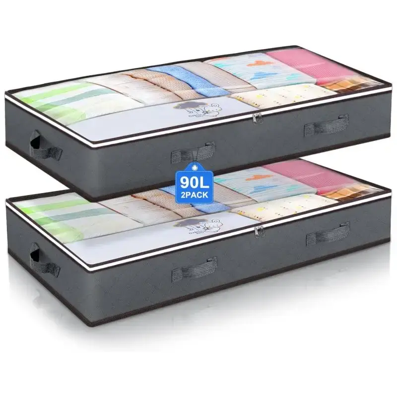 Under Bed Organizer, 2 Counts Large Capacity Clothes Container, Foldable Bag with Clear Visibility Window & Lid, Storage Orga...