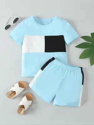 Toddler Boy's Patchwork Short Sleeve Tee & Elastic Waist Shorts Set, Summer Clothes, Casual Round Neck T-Shirt & Shorts, Tod...