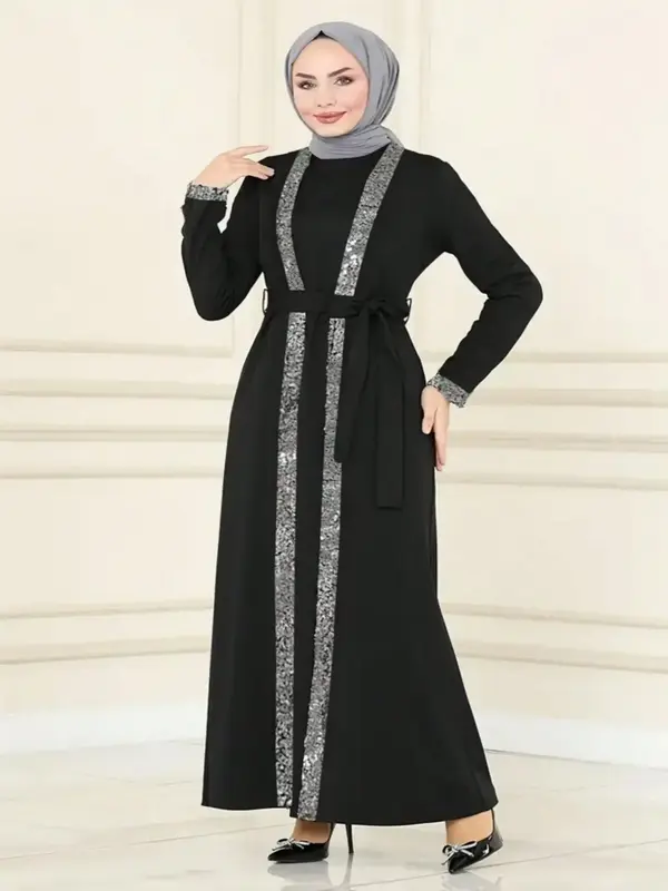 Elegant Patchwork High Waist Belted Arab Dress, Modest Slim-Fit Woven Fabric, All-Season Women's Fashion, Casual & Formal Wea...