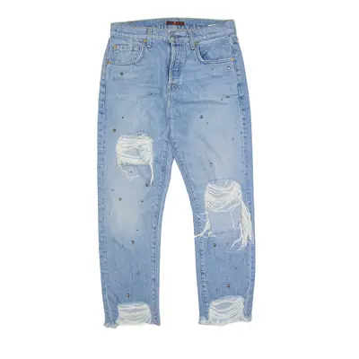 7FORALLMANKIND Rhinestone Distressed Jeans Blue Denim Regular Straight Womens W30 L26