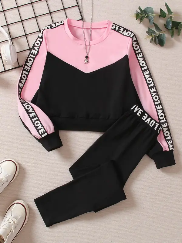 Girl's 2pcs Colorblock Round Neck Sweatshirt & Letter Tape Pants Set, Crew Neck Long Sleeve Top & Trousers 2 Piece Set for Sp...