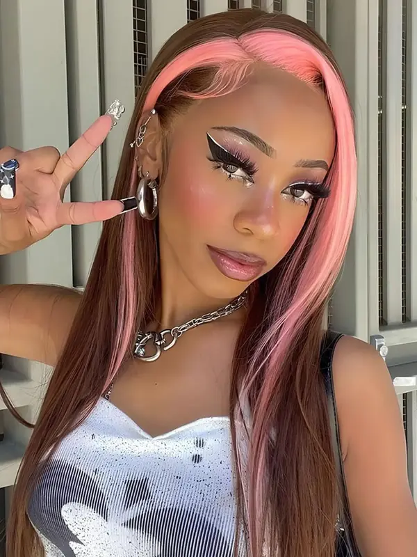 28 Inch Long Highlight Straight Glueless Wigs, Pride 2025, LGBTQ, Lace Front Wigs for Women, Pre-plucked Wigs without Bangs,...