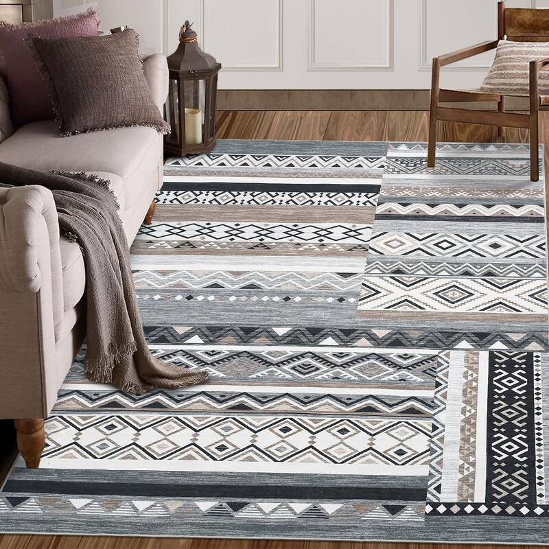 Garvee Washable Rugs Distressed Vintage Tribal Geometric Area Rug for Living Room Bedroom Office Nursery Low Pile Neutral Sof...