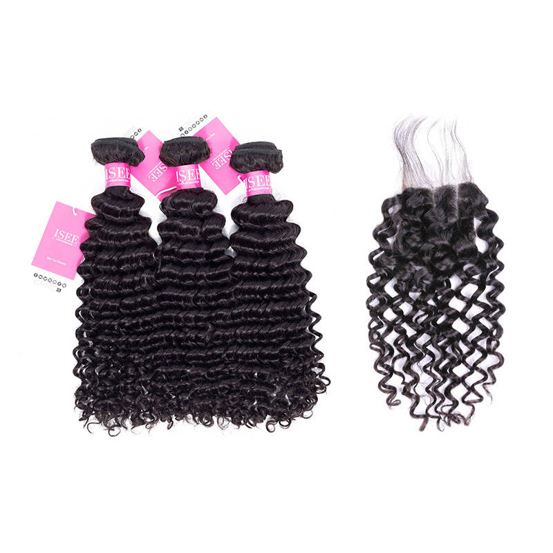 ISEE HAIR Deep Curly Bundles with Closure 10A Grade 100% Human Virgin Hair