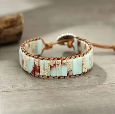 Natural African Opal Stone Tube Beaded Bracelet Blue Crystal Braided Bracelet Boho Style Adjustable for Daily Use Gift for hi...