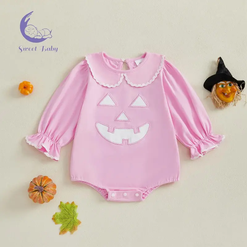 Baby Girl Halloween Bodysuit Long Sleeve Doll Collar Pumpkin Romper Newborn Fall Playsuit