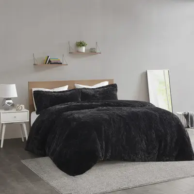 Intelligent Design Malea Shaggy Faux Fur Duvet Cover Set, Soft & Contemporary Bedding with Stylish Shaggy Faux Fur, Fluffy Te...