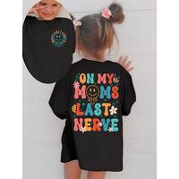 ON MY MOM's LAST NERVE Fun Graphic Print Girls' Cotton T-Shirt - Casual Short Sleeve Summer Tee with Playful Handprint & Flow...