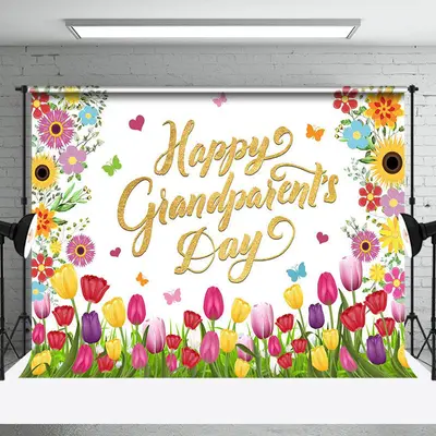 Colorful Floral Gold Happy Grandparents Day Backdrop