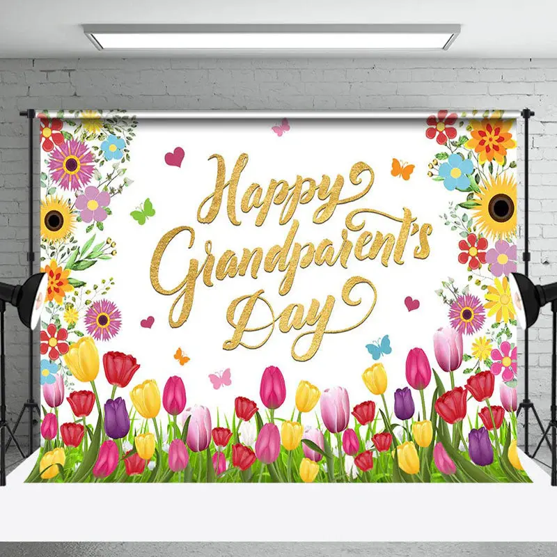 Colorful Floral Gold Happy Grandparents Day Backdrop
