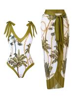 Women's Plants Print One-piece Swimsuit & Sheer Cover Up Skirt Outfits Set, Casual Fashion Swimwear Set for Beach Holiday Vac...