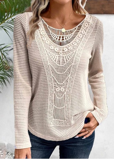 Modlily Plus Size Beige Lace Long Sleeve T Shirt - 3X