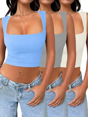 Women's Basic Solid Square Neck Sports Crop Tank Top, Sporty Sleeveless Top for Yoga Gym Workout, Women Sport & Outdoor Cloth...