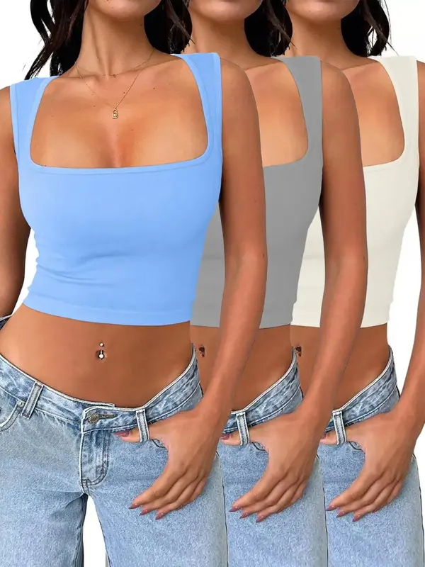 Women's Basic Solid Square Neck Sports Crop Tank Top, Sporty Sleeveless Top for Yoga Gym Workout, Women Sport & Outdoor Cloth...