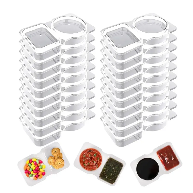 Double Compartment Condiment Container, 20pcs/set Plastic Reusable Snack Container with Lid, Sauce Storage Container for Snac...
