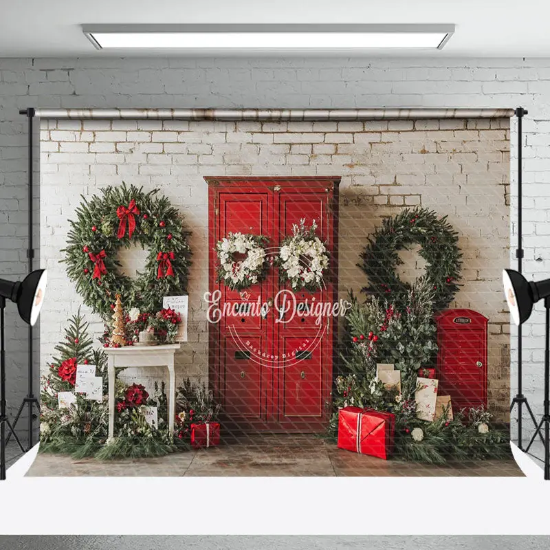 Wreaths Red Door Christmas Winter Holiday Backdrop - Aperturee