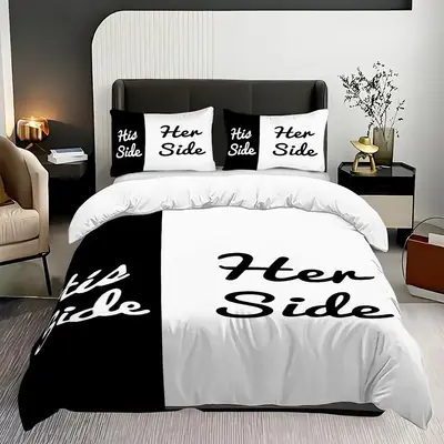 His Side & Her Side Pattern Bedding Set without Fillers, 3 Counts/set Including 1 Duvet Cover & 2 Pillowcase, Cozy Room Acce...