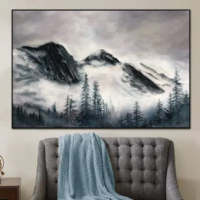 Abstract Foggy Mountain Painting on Canvas Landscape Wall Art Modern Oil Painting Grey Painting Nature Artwork Wall Hanging D...