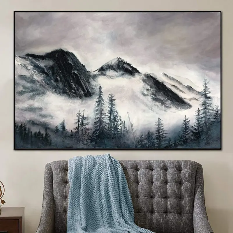 Abstract Foggy Mountain Painting on Canvas Landscape Wall Art Modern Oil Painting Grey Painting Nature Artwork Wall Hanging D...