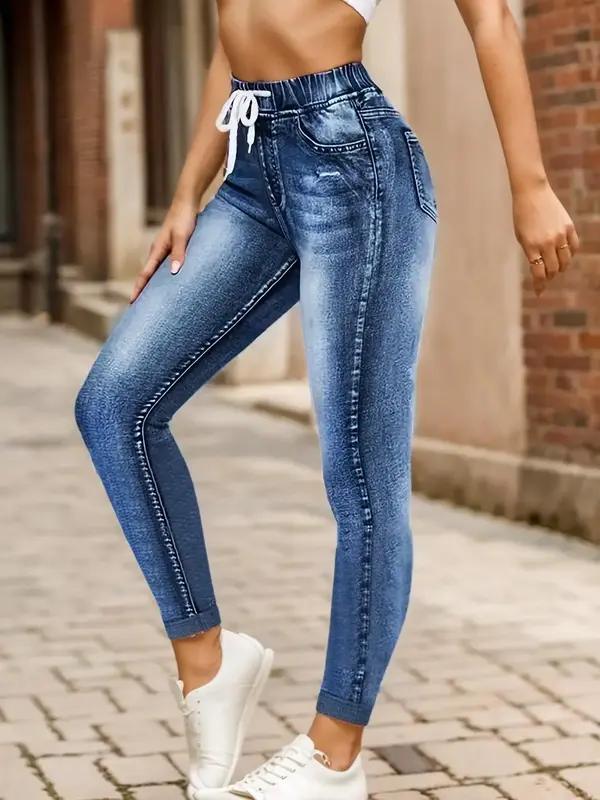 Women's Denim-effect Print High Waist Thin Leggings, Faded Jeggings, Lady Casual Comfort Drawstring Waist High Rise Faded Jea...