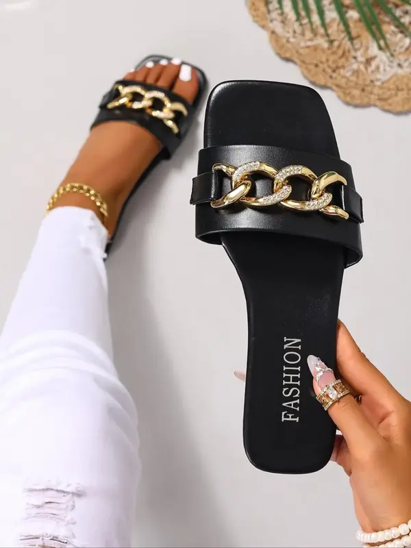 Women's Fashion Black Chain Decorated Slide Sandals, Casual Comfortable Flat Fashionable Sandals for Beach, Outdoor, Daily We...
