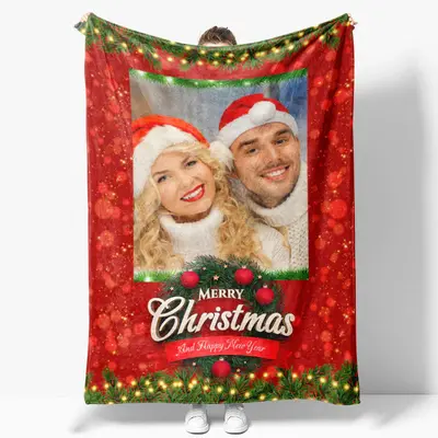 Custom Photo Red Bokeh Green Plant Christmas Blanket - Aperturee