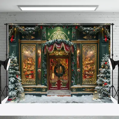 Retro Luxury Door Snowy Trees Christmas Backdrop