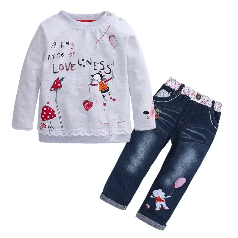 2024 Kids Girl Children Clothes Sets Cotton Cute Printing Long Sleeve Sweatshirt Tops T-shirt+Jean 2 pcs Clothing Set Girls S...