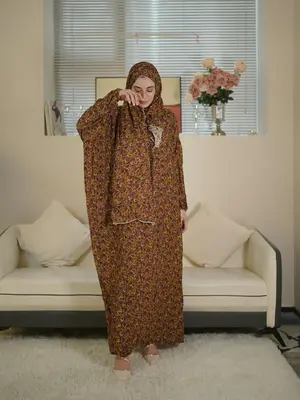 Arabic Clothing-ditsy Floral Print Bishop Sleeve Hooded Tunic Dress with Scarf, Casual Modest Long Sleeve Dress for Muslim Wo...