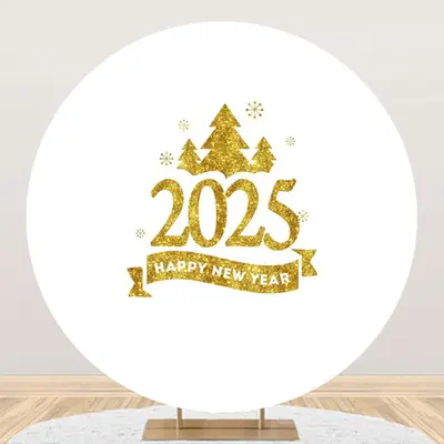 Aperturee White Gold Trees 2025 Round Happy New Year Backdrop - Aperturee