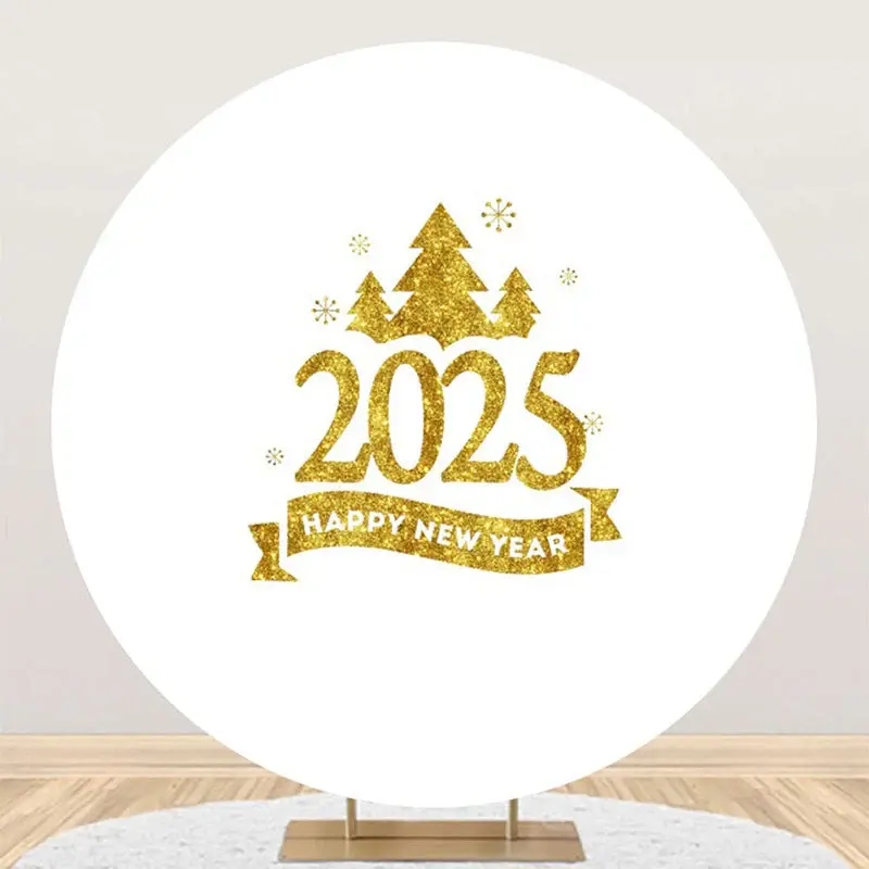 Aperturee White Gold Trees 2025 Round Happy New Year Backdrop - Aperturee
