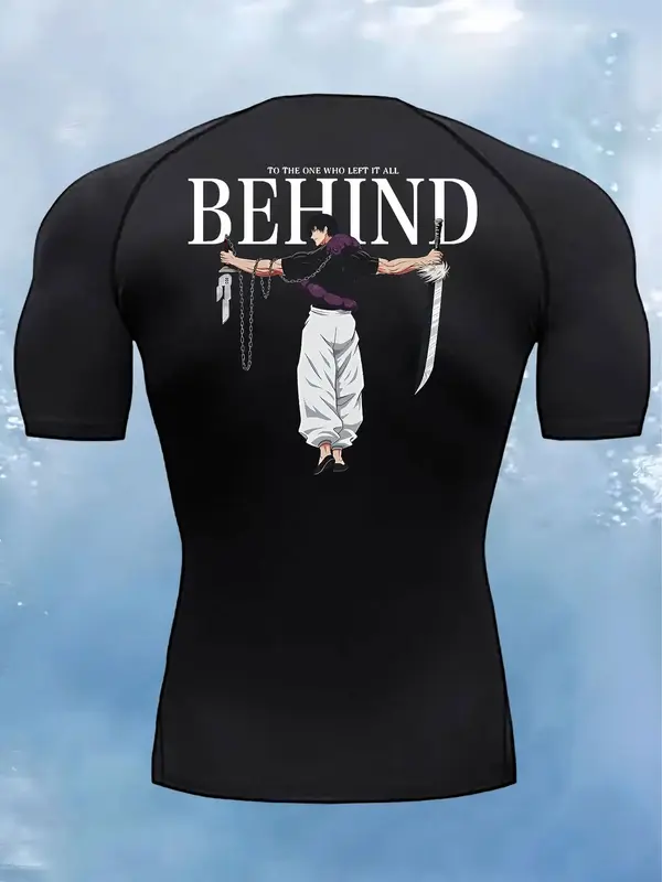 Men's Cartoon & Letter Print Round Neck Sports Tee, Quick Drying Breathable Comfortable Compression T-shirt for Gym Workout R...