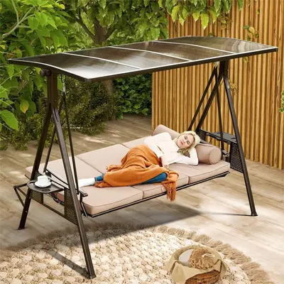 Outdoor Heavy Duty Porch Swing, Swing Chair Bed with Adjustable Canopy Removable Cushion and Steel Frame, Modern Patio furnit...