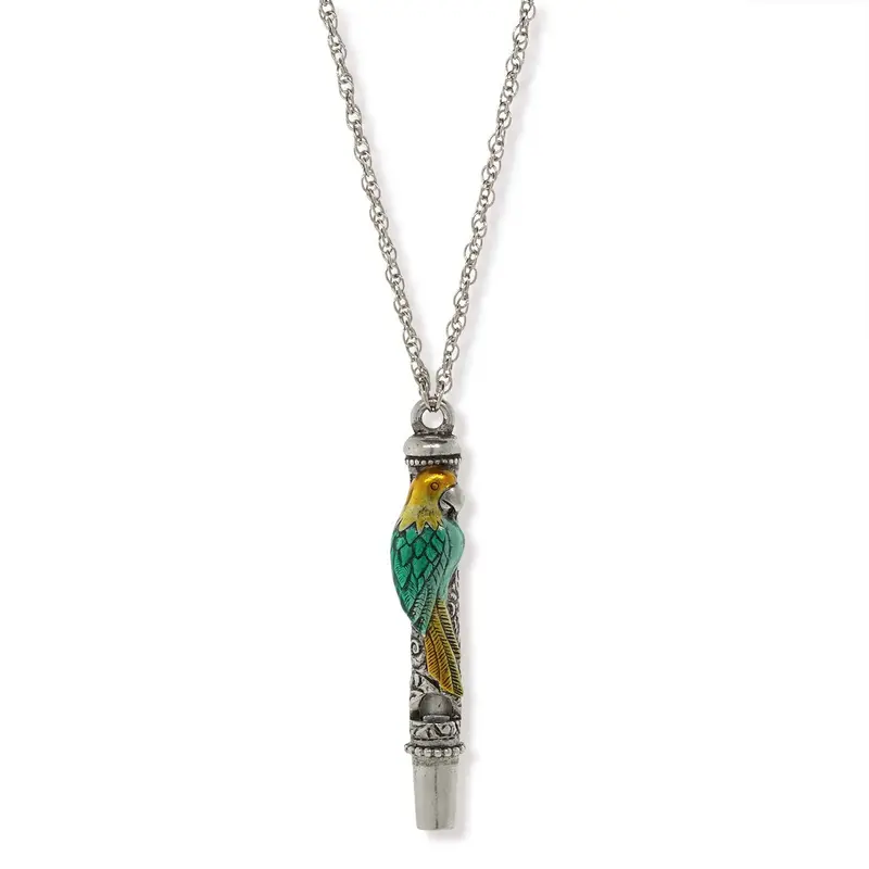 Pewter Green and Yellow Enamle Parrot Whistle Necklace 30
