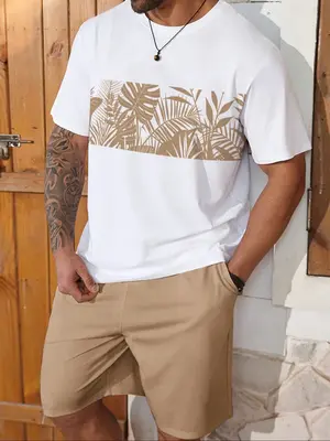 ćPlus Sizeć Men's Plants Print Tee & Shorts Set, Regular Fit Casual Round Neck Short Sleeve T-shirt & Shorts, Men's Summe...