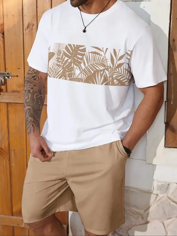 【Plus Size】 Men's Plants Print Tee & Shorts Set, Regular Fit Casual Round Neck Short Sleeve T-shirt & Shorts, Men's Summe...