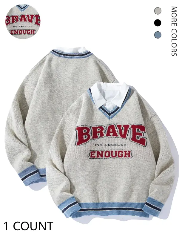 Men's 2-IN-1 Letter Print Drop Shoulder Collared Sweater, Loose Casual Preppy Striped Trim Long Sleeve Button Jumper for Spri...