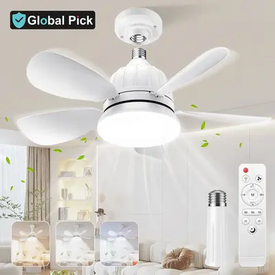 Socket Ceiling Fan Light with Remote Control, E27 Base Dimmable LED Energy-saving Lights with 3-Speed Wind Adjustment, Replac...