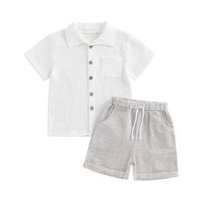 Toddler Baby Boy Button Down Shirt Shorts Set Linen Shirts and Striped Shorts Outfit Summer Clothes