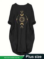 Plus Size Moon & Sun Print Asymmetrical Hem Dress, Elegant Casual Long Sleeve Round Neck Dress for Summer, Women's Plus Cloth...