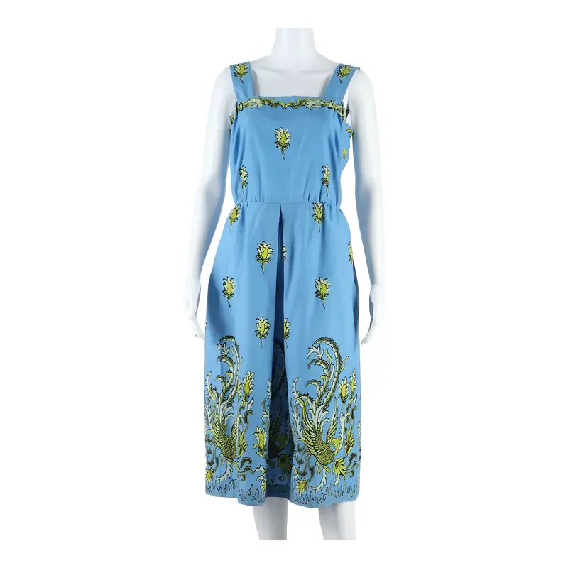High Waist Womens Fit & Flare Dress Blue Crazy Pattern Sleeveless Midi M