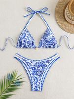 Two-piece Set Women's Floral Print Padded Shell Decor Bikini Set, Beach Outfits, Boho Halter Neck Triangle Swim Bra & High Cu...
