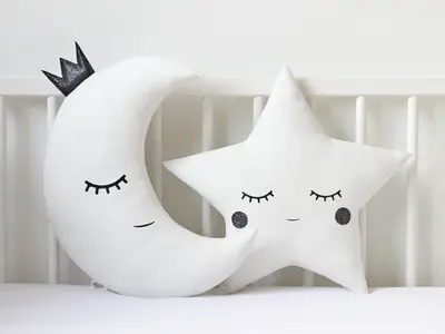 Set of 2 White Pillows - Crescent Moon and Star Pillows with Glitter Touch (5 colors)