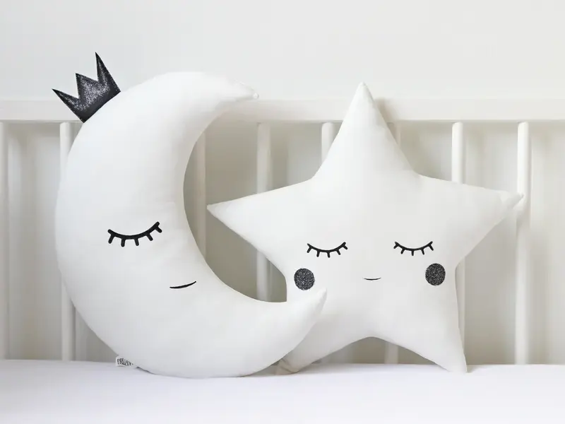 Set of 2 White Pillows - Crescent Moon and Star Pillows with Glitter Touch (5 colors)