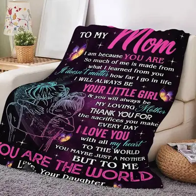 To My Mom Letter & Figure Print Blanket, Soft Throw Blanket, All Season Blanket, Breathable Comfortable Blanket, Comfy Beddin...