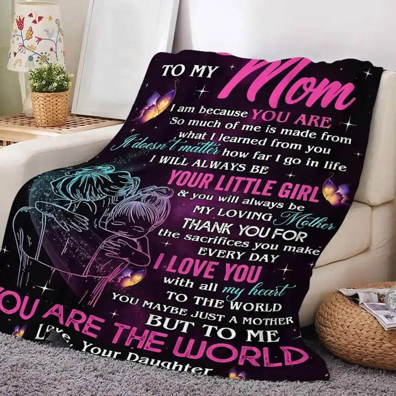 To My Mom Letter & Figure Print Blanket, Soft Throw Blanket, All Season Blanket, Breathable Comfortable Blanket, Comfy Beddin...
