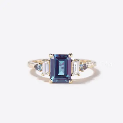 2CT Emerald Cut Color-change Alexandrite Mixed Cut Engagement Ring