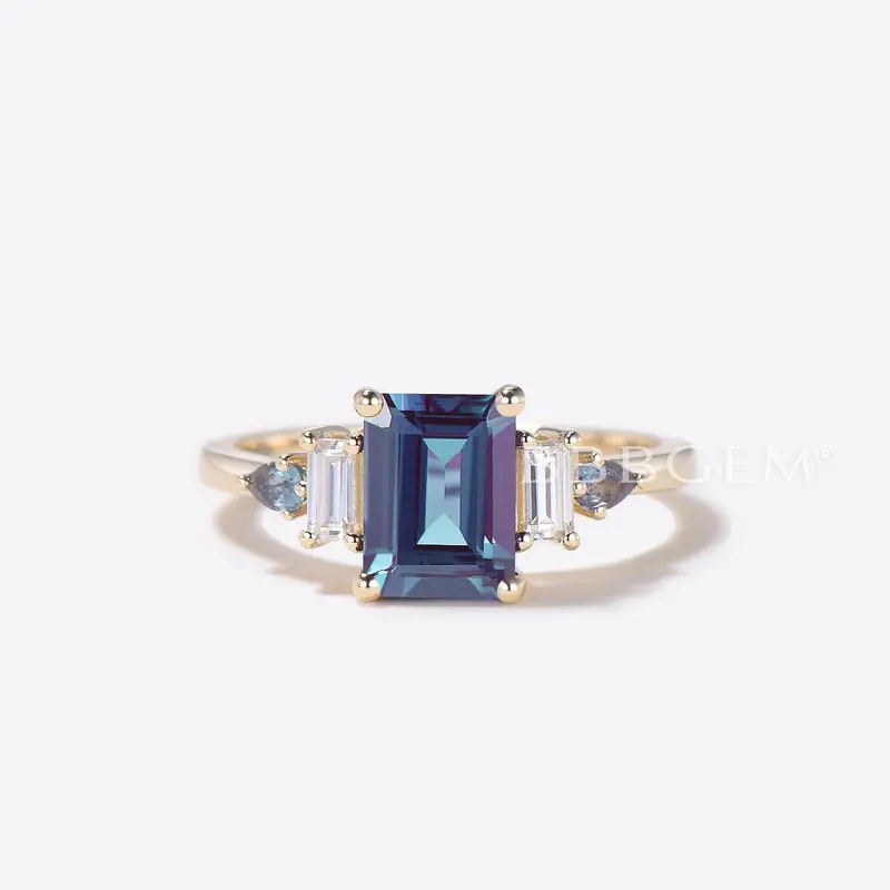 2CT Emerald Cut Color-change Alexandrite Mixed Cut Engagement Ring